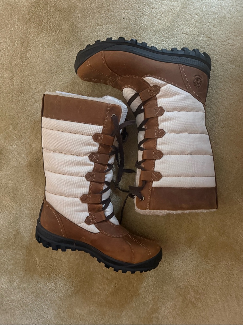 Timberland Brown and Cream Quilted Lace-Up Winter Boots